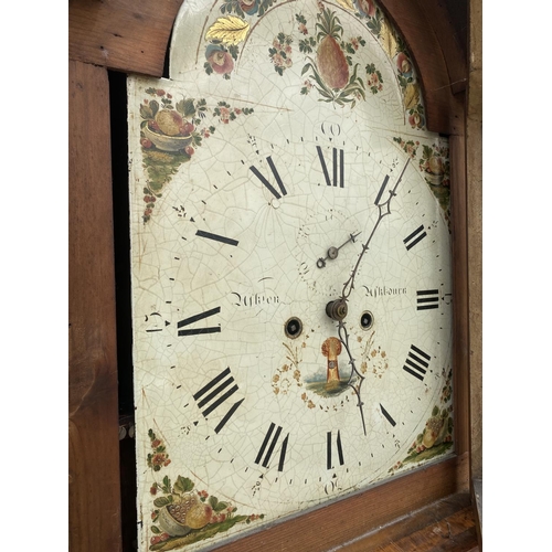 2564 - A 19TH CENTURY OAK AND CROSSBANDED 8 DAY LONGCASE CLOCK WITH ENAMEL DIAL