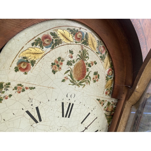 2564 - A 19TH CENTURY OAK AND CROSSBANDED 8 DAY LONGCASE CLOCK WITH ENAMEL DIAL