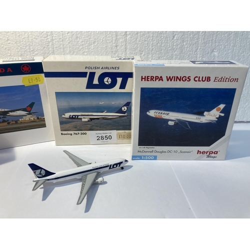 2850 - FOUR HERPA WINGS COLLECTION PLANES TO INCLUDE - LOT POLISH AIRLINES BOEING 767-300 NO. 502788, HERPA... 