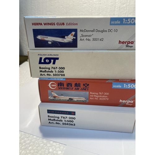 2850 - FOUR HERPA WINGS COLLECTION PLANES TO INCLUDE - LOT POLISH AIRLINES BOEING 767-300 NO. 502788, HERPA... 