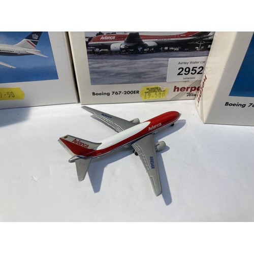 2952 - FOUR HERPA WINGS COLLECTION PLANES TO INCLUDE - AVIANCA BOEING 767-200ER NO. 502863, BOEING FLEET BO... 