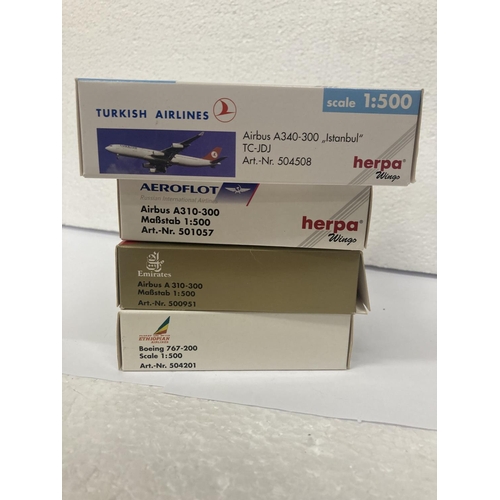 2967 - FOUR HERPA WINGS COLLECTION PLANES TO INCLUDE -  TURKISH AIRLINES AIRBUS A340-300 