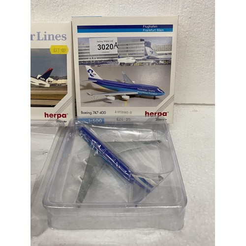 3020A - FOUR HERPA WINGS COLLECTION PLANES TO INCLUDE AN AIRBUS, TWO BOEING 747s AND A McDONNELL DOUGLAS MD-... 