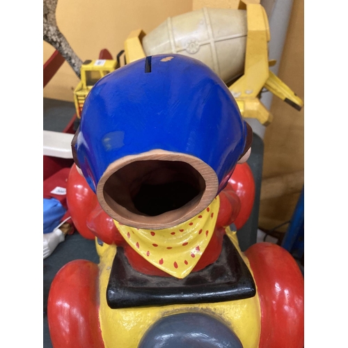 3096A - A HARD PLASTIC NODDY IN HIS CAR MODEL CHARITY MONEY BOX MISSING HIS HAT AND THE BASE - 32 CM WIDE X ... 