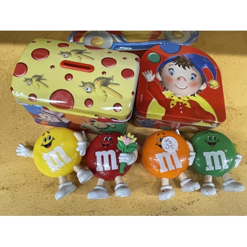 3140 - THREE NODDY SWEET TINS AND FOUR M&M FIGURES