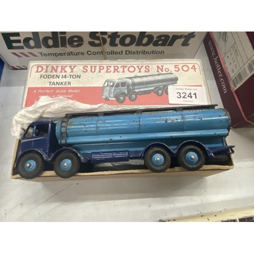 3241 - AN ORIGINAL DINKY SUPERTOYS NO 504 FODEN TANKER 14 TON 1ST SERIES WITH REPRODUCTION BOX