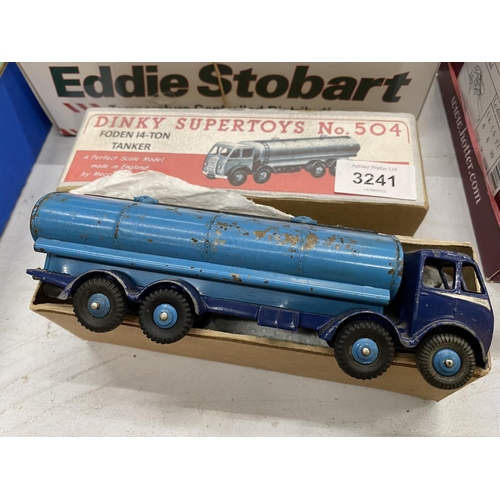 3241 - AN ORIGINAL DINKY SUPERTOYS NO 504 FODEN TANKER 14 TON 1ST SERIES WITH REPRODUCTION BOX