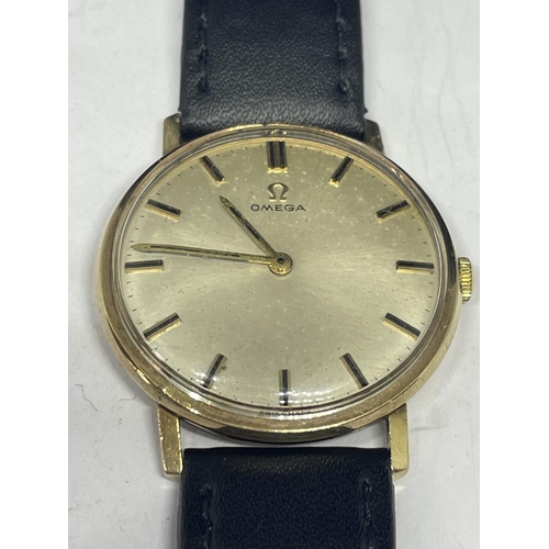 603 - A 9 CARAT GOLD VINTAGE OMEGA WRIST WATCH IN A PRESENTATION BOX SEEN WORKING BUT NO WARRANTY