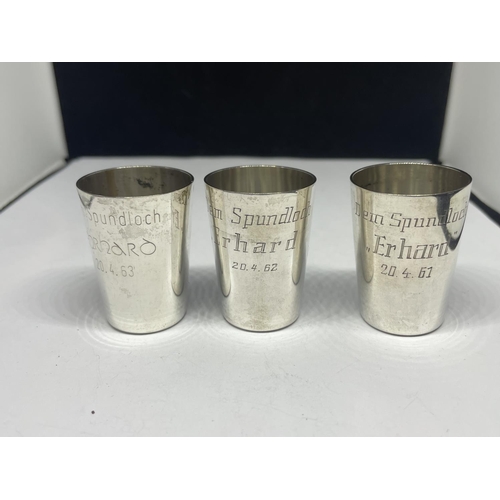 708 - THREE SILVER CUPS MARKED 835 WITH ENGRAVING