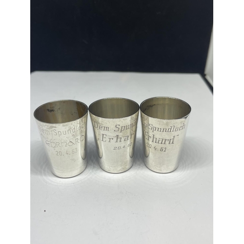 708 - THREE SILVER CUPS MARKED 835 WITH ENGRAVING