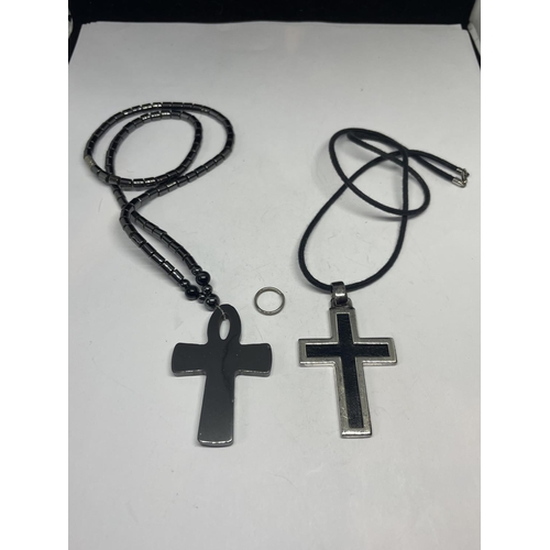 722 - TWO NECKLACES WITH CROSS PENDANTS ONE MARKED SILVER IN A PRESENTATION BOX