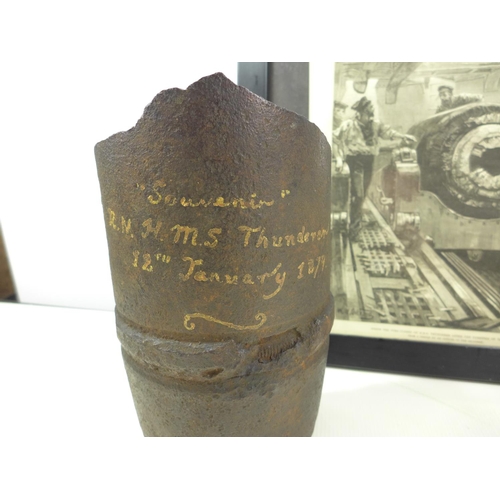 454 - A BURST SHELL WITH HAND WRITTEN INSCRIPTION 'SOUVENIR OF R.N. HMS THUNDERER 12TH JANUARY 1879' HEIGH... 