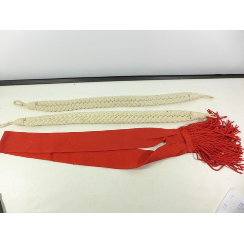 473 - TWO BRITISH ARMY RED SASHES, LENGTH 90CM, AND TWO CORDED, U.S. AIRBORNE CANVAS BAG, TWO BELTS AND A ... 