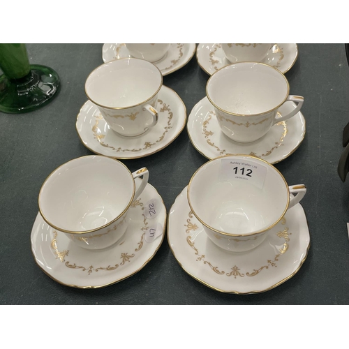 112 - A ROYAL WORCESTER CHINA COFFEE SET - WHITE WITH GILD PATTERN - TO INCLUDE A COFFEE POT, CUPS, SAUCER... 