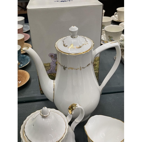 112 - A ROYAL WORCESTER CHINA COFFEE SET - WHITE WITH GILD PATTERN - TO INCLUDE A COFFEE POT, CUPS, SAUCER... 