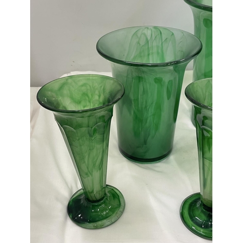 113 - AQUANTITY OF EMERALD GREEN CLOUD GLASSWARE VASES TO INCLUDE TRUMPET SHAPE, ETC