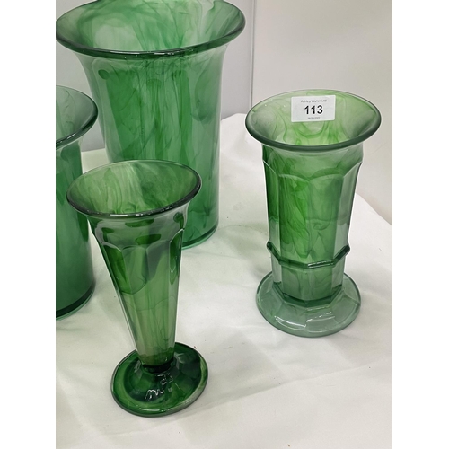 113 - AQUANTITY OF EMERALD GREEN CLOUD GLASSWARE VASES TO INCLUDE TRUMPET SHAPE, ETC