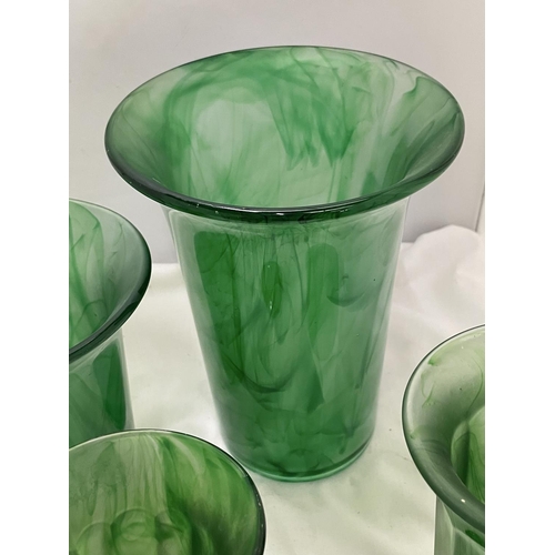 113 - AQUANTITY OF EMERALD GREEN CLOUD GLASSWARE VASES TO INCLUDE TRUMPET SHAPE, ETC