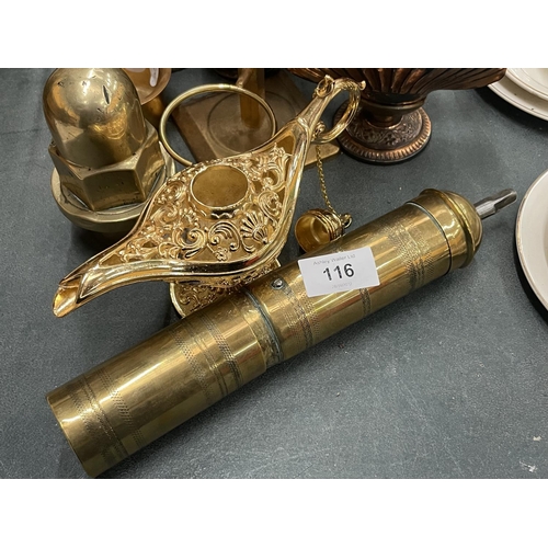 116 - A QUANTITY OF BRASS AND PEWTER TO INCLUDE TANKARDS, VASES, ETC