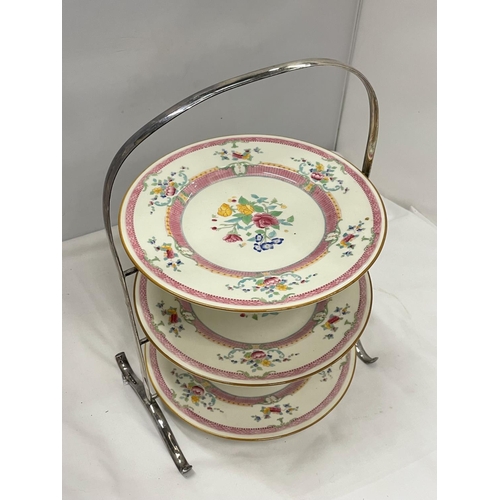 119 - A CHROME CAKE STAND WITH THREE ROYAL DOULTON FLORAL PLATES