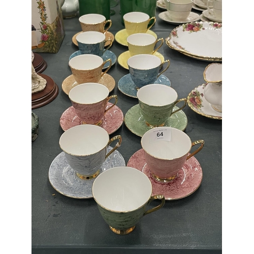 64 - A QUANTITY OF ROYAL ALBERT 'GOSSAMER' CUPS AND SAUCERS IN DIFFERENT COLOURS ( 10 IN TOTAL )