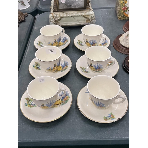 66 - SIX VINTAGE CUPS AND SAUCERS WITH CRINOLINE DECORATION