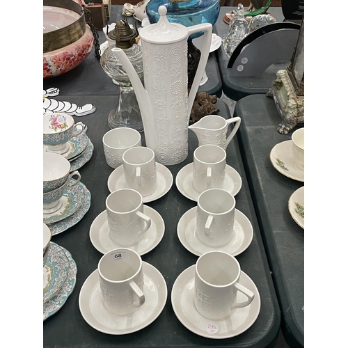 68 - A PORTMEIRION WHITE 'TOTEM' DESIGN COFFEE SET TO INCLUDE COFFEE POT, SUGAR BOWL, CREAM JUG, CUPS AND... 