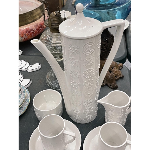 68 - A PORTMEIRION WHITE 'TOTEM' DESIGN COFFEE SET TO INCLUDE COFFEE POT, SUGAR BOWL, CREAM JUG, CUPS AND... 