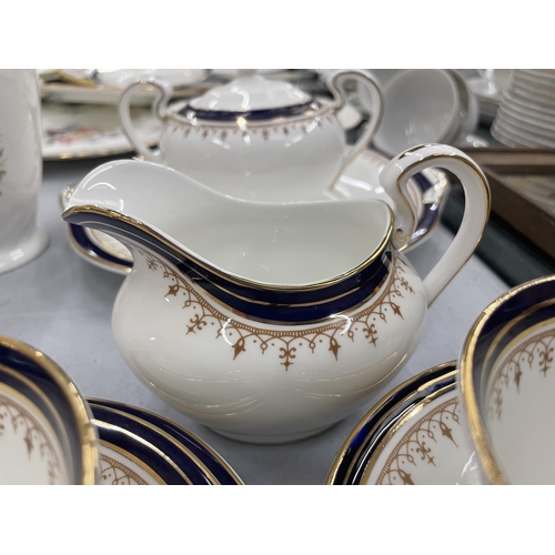 79 - A QUANTITY OF AYNSLEY TEAWARE TO INCLUDE 'LEIGHTON' CUPS, SAUCERS, SIDE PLATES, CAKE PLATE SUGAR BOW... 