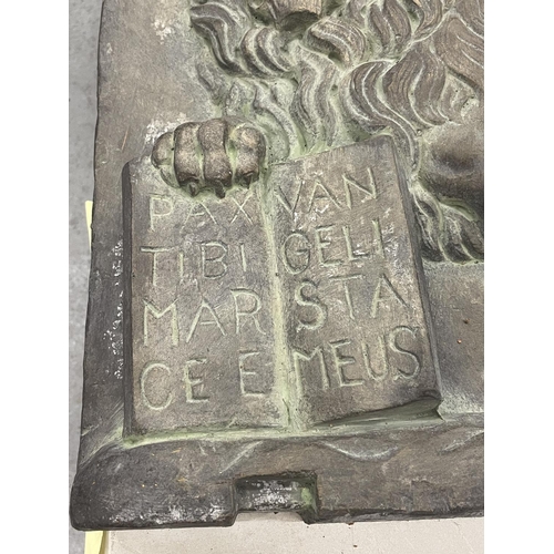 93 - A LARGE RECONSTITUTED STONE PLAQUE OF A VENETIAN LION 72CM X 54CM