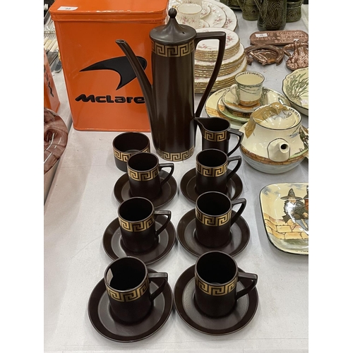 97 - A PORTMEIRION COFFEE SET IN A RICH BROWN COLOUR 'GREEK KEY' DESIGN TO INCLUDE COFFEE POT, CREAM JUG,... 