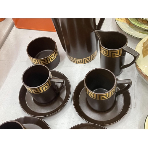 97 - A PORTMEIRION COFFEE SET IN A RICH BROWN COLOUR 'GREEK KEY' DESIGN TO INCLUDE COFFEE POT, CREAM JUG,... 