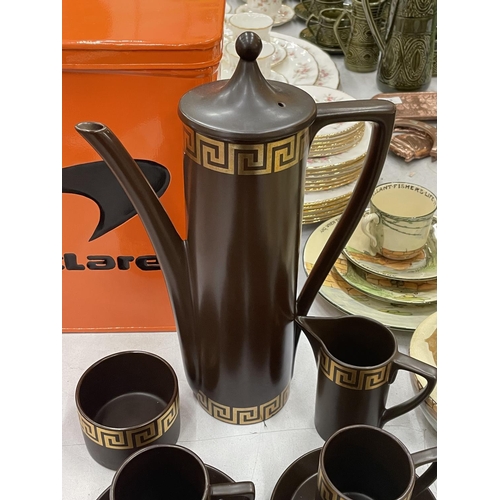 97 - A PORTMEIRION COFFEE SET IN A RICH BROWN COLOUR 'GREEK KEY' DESIGN TO INCLUDE COFFEE POT, CREAM JUG,... 