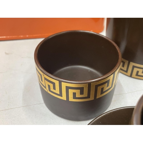 97 - A PORTMEIRION COFFEE SET IN A RICH BROWN COLOUR 'GREEK KEY' DESIGN TO INCLUDE COFFEE POT, CREAM JUG,... 