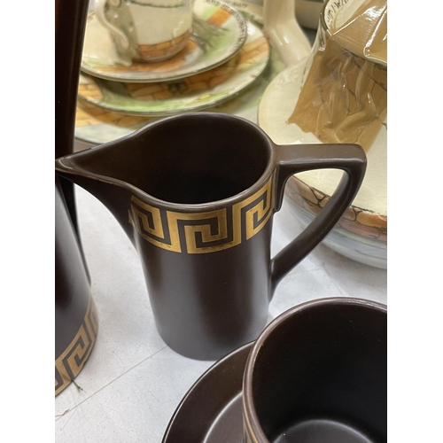 97 - A PORTMEIRION COFFEE SET IN A RICH BROWN COLOUR 'GREEK KEY' DESIGN TO INCLUDE COFFEE POT, CREAM JUG,... 