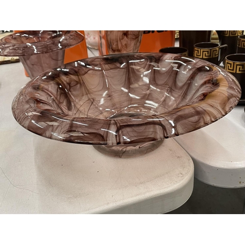 98 - THREE LARGE PIECES OF PURPLE CLOUD GLASS TO INCLUDE A LARGE ROUNDED EDGE BOWL DIAMETER 37CM PLUS TWO... 