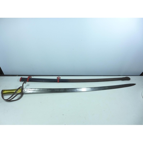 414 - A 19TH CENTURY TROOPERS SWORD AND SCABBARD 87CM BLADE PIERCED GUARD WITH BRASS GRIP