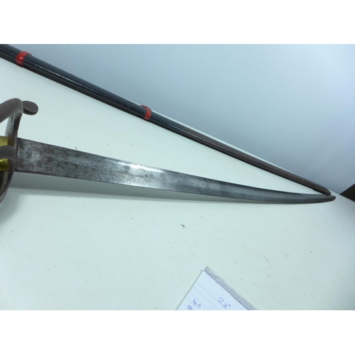 414 - A 19TH CENTURY TROOPERS SWORD AND SCABBARD 87CM BLADE PIERCED GUARD WITH BRASS GRIP