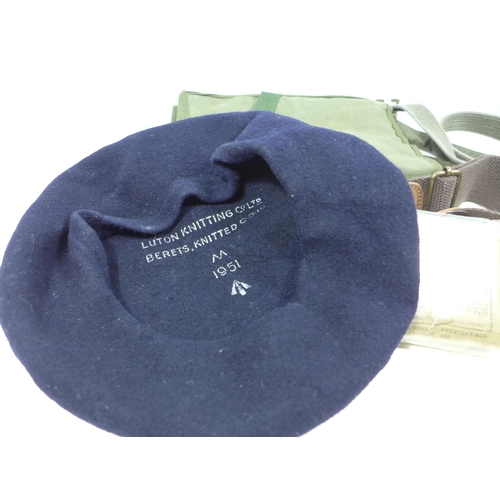 432 - A 1951 MILITARY BERET, FIELD DRESSING BAG AND BELTS