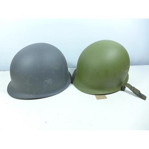 435 - A GERMAN HELMET AND LINER AND A GREY PAINTED METAL HELMET