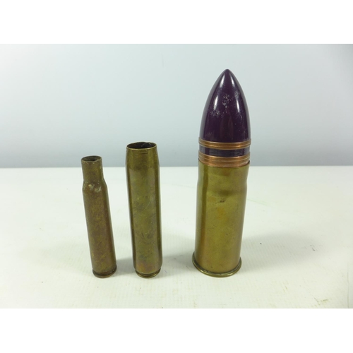 492 - THREE BRASS SHELL CASES, ONE WITH PAINTED SHELL, HEIGHTS FROM 10CM TO 16CM