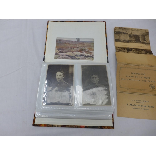 493 - AN ALBUM CONTAINING APPROX. NINETY PHOTOS/POSTCARDS OF FIRST WORLD SOLDIERS, CAMP SCENES, AMUSING PO... 