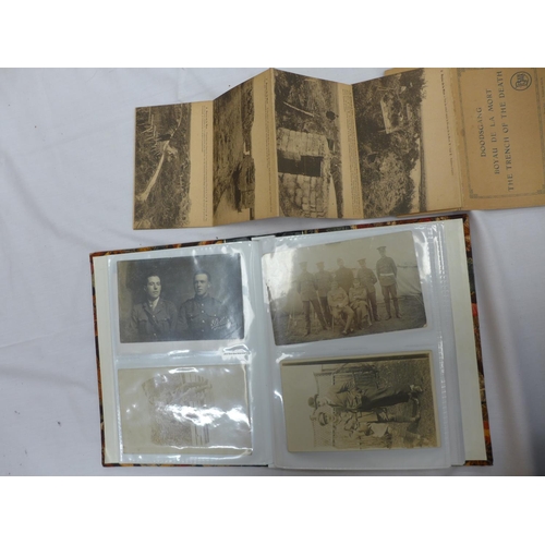 493 - AN ALBUM CONTAINING APPROX. NINETY PHOTOS/POSTCARDS OF FIRST WORLD SOLDIERS, CAMP SCENES, AMUSING PO... 