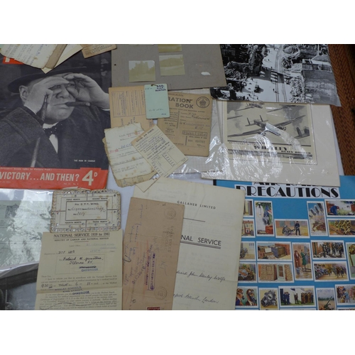 494 - A COLLECTION OF WORLD WAR I AND WORLD WAR II EPHEMERA TO INCLUDE PHOTO OF WORLD WAR I TANK, RATION C... 