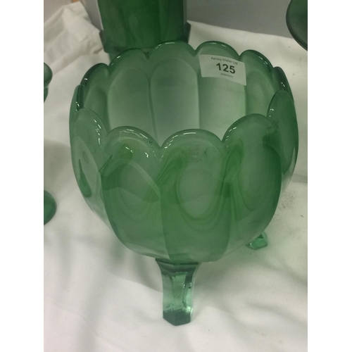 125 - FIVE PIECES OF EMERALD GREEN CLOUD GLASS TO INCLUDE PLANTERS AND VASES