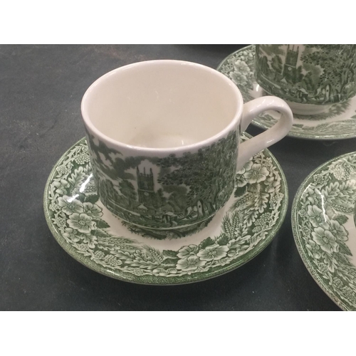 142 - FIVE BROADHURST SAUCERS AND SIX CUPS WITH PASTORAL SCENE