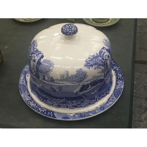 144 - AN ITALIAN SPODE LARGE BLUE AND WHITE CHEESE DOME AND PLATE, AS NEW