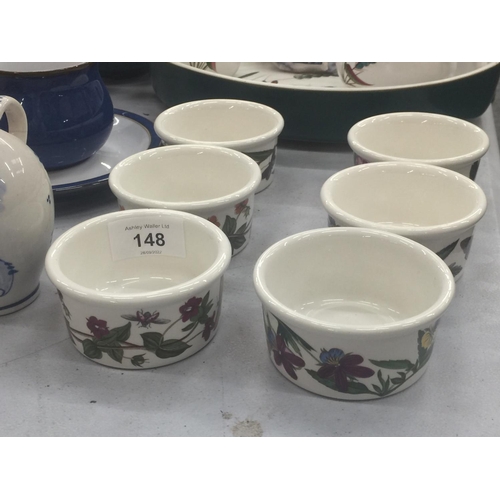 148 - A QUANTITY OF CERAMIC ITEMS TO INCLUDE DENBY, PORTMEIRION 'BOTANIC GARDEN' RAMEKINS, STUDIO POTTERY,... 