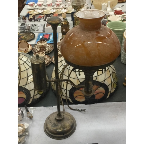 154 - A PAIR OF VINTAGE BRASS OIL LAMPS WITH AMBER GLASS SHADES CONVERTED TO ELECTRICITY - WILL NEED REWIR... 