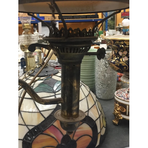 154 - A PAIR OF VINTAGE BRASS OIL LAMPS WITH AMBER GLASS SHADES CONVERTED TO ELECTRICITY - WILL NEED REWIR... 